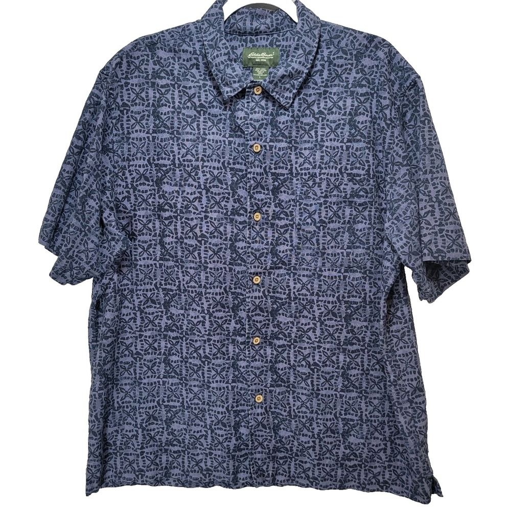 Eddie Bauer Shirt‎ Mens L Hawaiian Vacation Linen Blend Blue Aztec Pocket Office